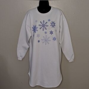 VTG 80s 90s Women's One Size Sweatshirt Dress Snowflakes White Relax Fit USA